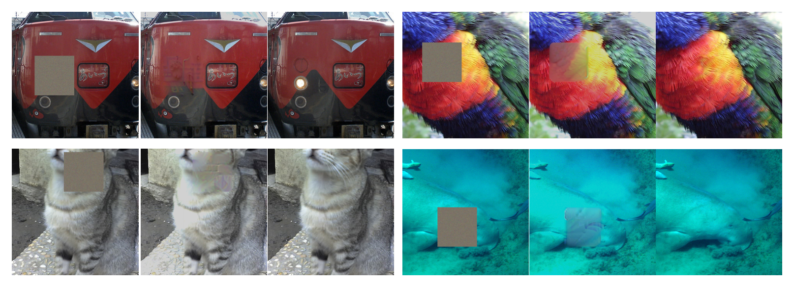 Examples of image completion using DSF. See the paper for task settings and comparisons.